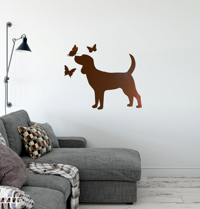 Vinyl Wall Decal Puppy Dog with Butterflies Silhouette Pet Shop Grooming Stickers Mural (ig6275)