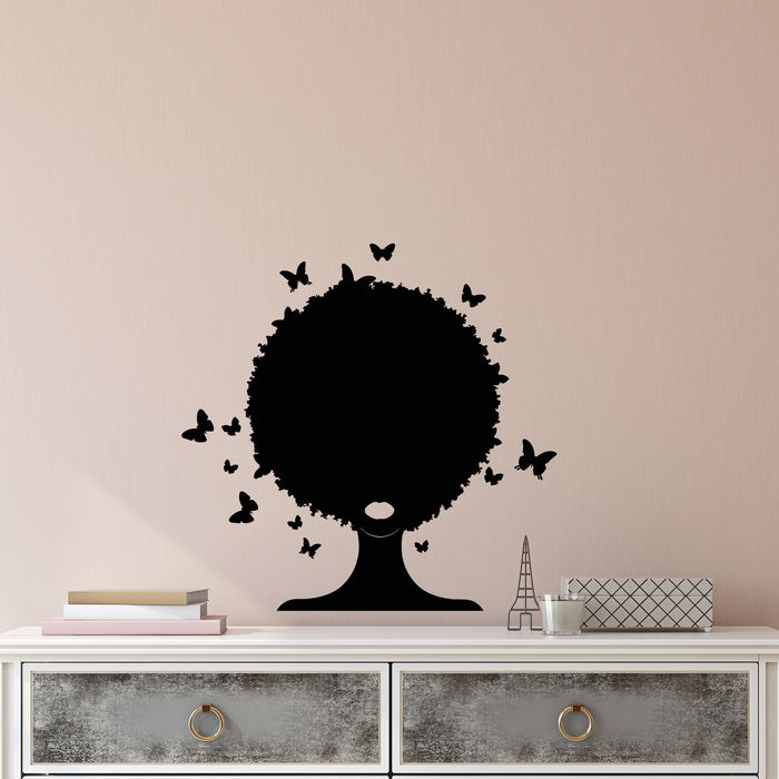 Vinyl Wall Decal African Hairstyle Girl Lips Butterflies Silhouette Stickers (3964ig)