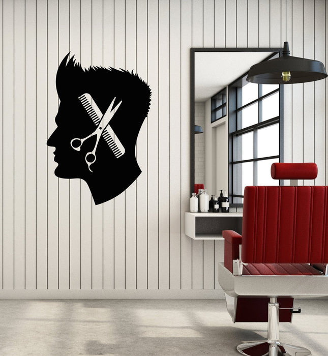 Vinyl Wall Decal Barbershop Men's Head Haircut Hairstyle Scissors Stickers (2814ig)