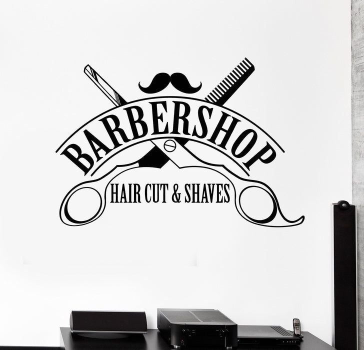 Vinyl Wall Decal Barbershop Hair Cut Shaves Scissors Stickers Mural Unique Gift (ig4394)