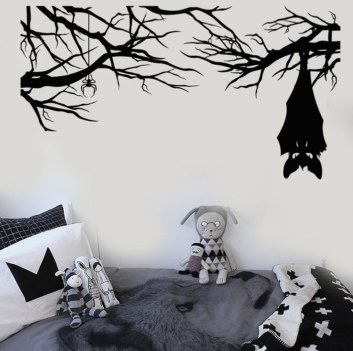 Vinyl Wall Decal Cartoon Gothic Spider Bat On Branch Halloween Stickers (2883ig)