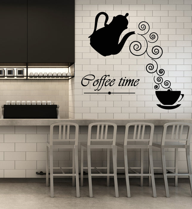 Vinyl Wall Decal Coffee Time Logo Kettle Cup Hot Drink Stickers Unique Gift (2012ig)