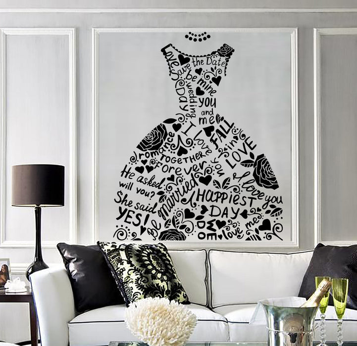 Vinyl Wall Decal Wedding Dress Bridal Shop Marriage Fashion Stickers Unique Gift (363ig)