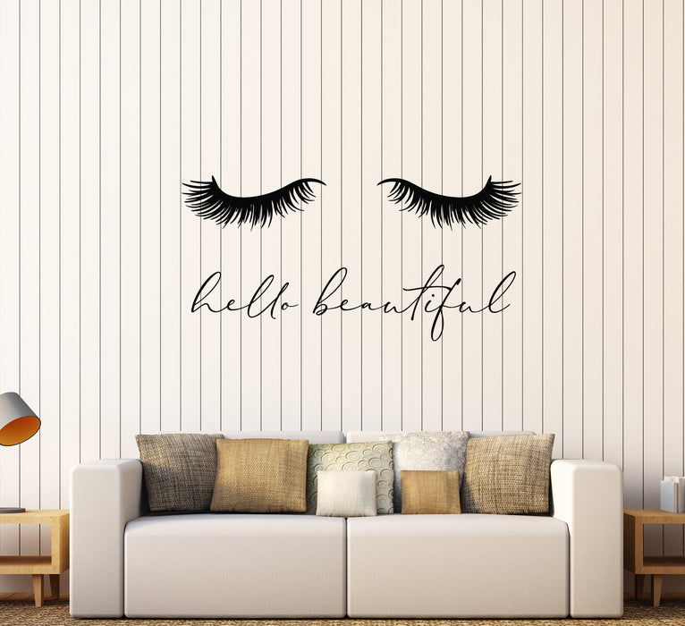 Vinyl Wall Decal Hello Beautiful Closed Girl Eyes Eyelash Extensions Stickers (3685ig)