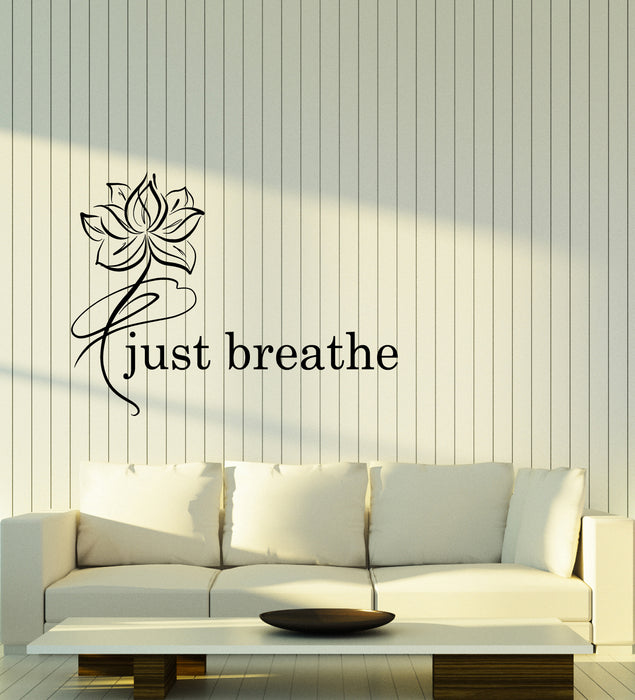Vinyl Wall Decal Just Breathe Logo Quote Yoga Meditation Room Lotus Flower Pattern Stickers (4253ig)