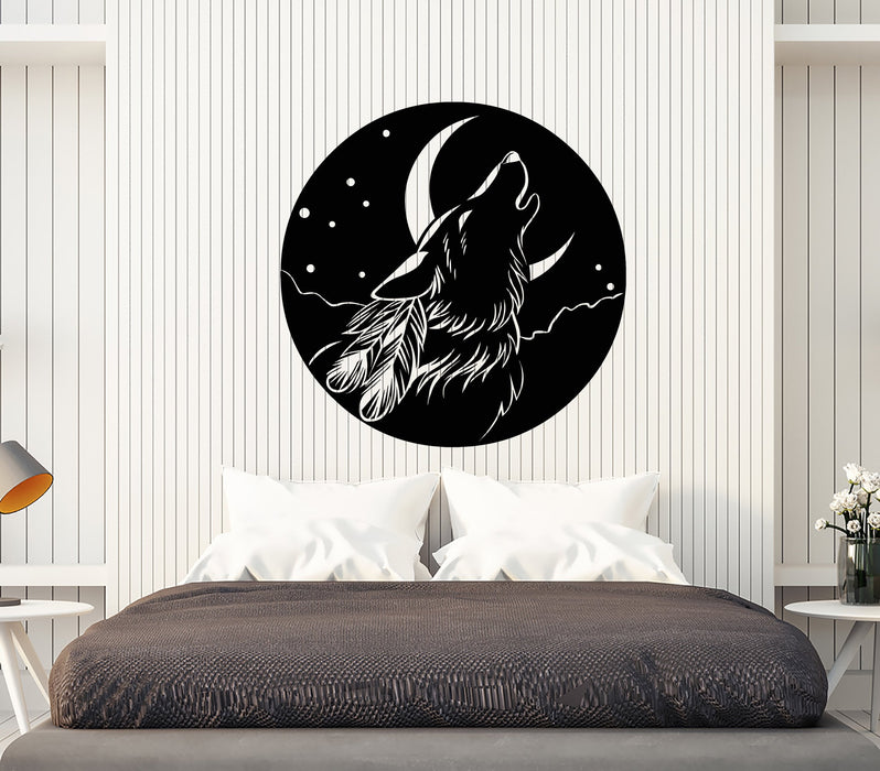 Vinyl Wall Decal Abstract Moon Howling Wolf Head Feathers Stickers (2255ig)