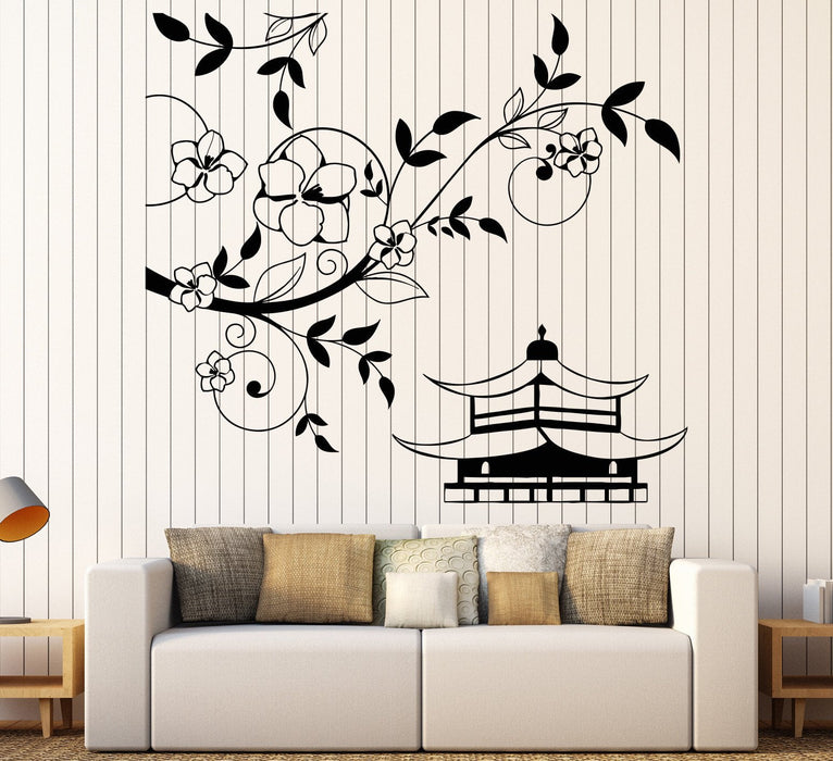 Vinyl Wall Decal Pagoda Sakura Tree Branch China Asian Style Stickers Unique Gift (1214ig)