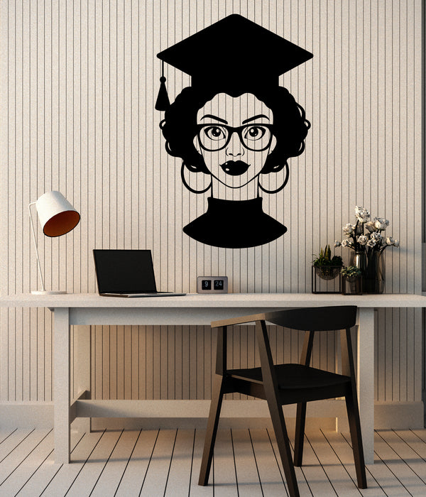 Vinyl Wall Decal Education Graduation Cap School Student Beautiful African Black Girl Glasses Stickers (4471ig)
