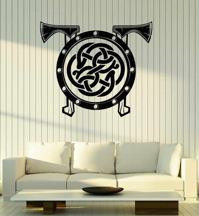 Vinyl Wall Decal Viking Shield Axes Celtic Pattern Warrior Scandinavian Art Stickers Mural Unique Gift (ig5083)