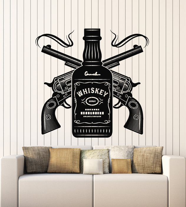 Vinyl Wall Decal Whiskey Bottle Guns Alcohol Drink Bar Pub Stickers Mural (g6033)