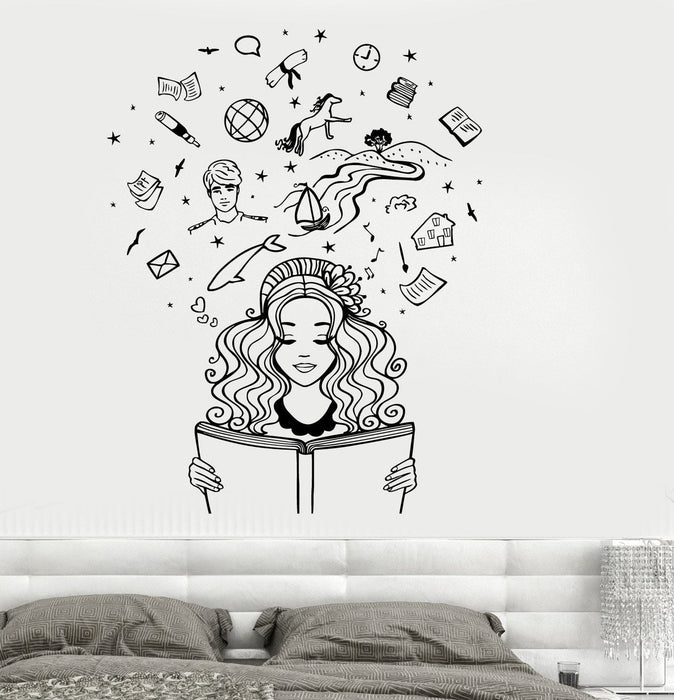 Wall Vinyl Decal Girl Reading A Book Imagination Fantasy Fairy Tale Romantic Unique Gift z3795