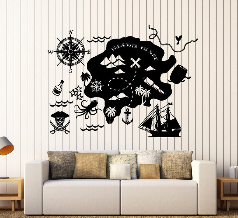 Wall Vinyl Decal Pirate Map Treasure Island Skull Anchor Home Interior Decor Unique Gift z4424